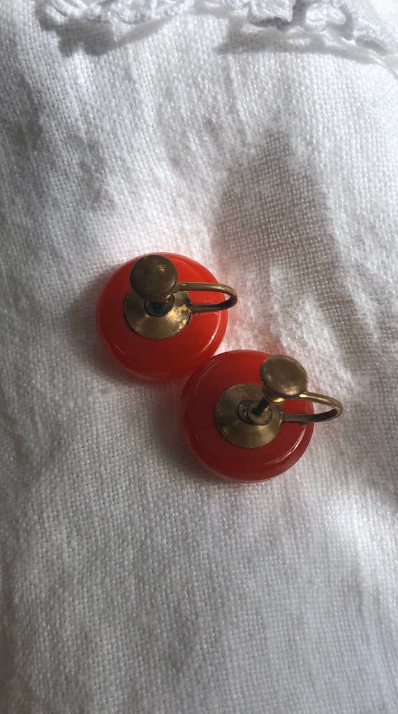 Cherry Red Bakelite Button Earrings Screw Back - image 3