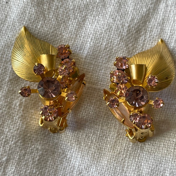 Verified Juliana Pink Lavender Rhinestone Earrings Gold Leaf Clip on Earrings Hard to Find