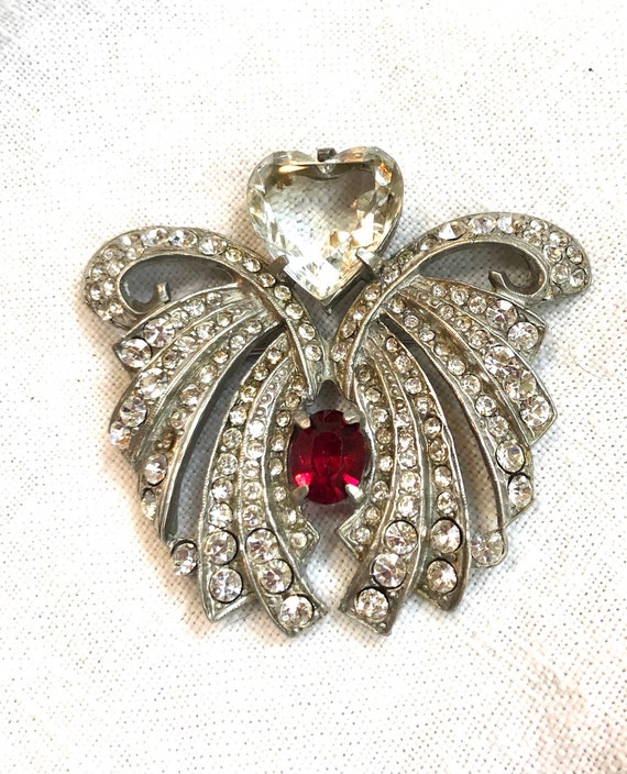 1930s Heart Brooch Rhinestone Art Deco Drapes Red… - image 2