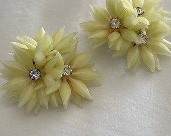 Oversized Clip on Earrings Yellow Plastic Flowers Rhinestones