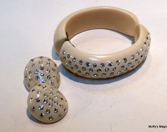 Vintage Cream Celluloid Thermoplastic Hinged Bracelet Earrings Clear Rhinestones