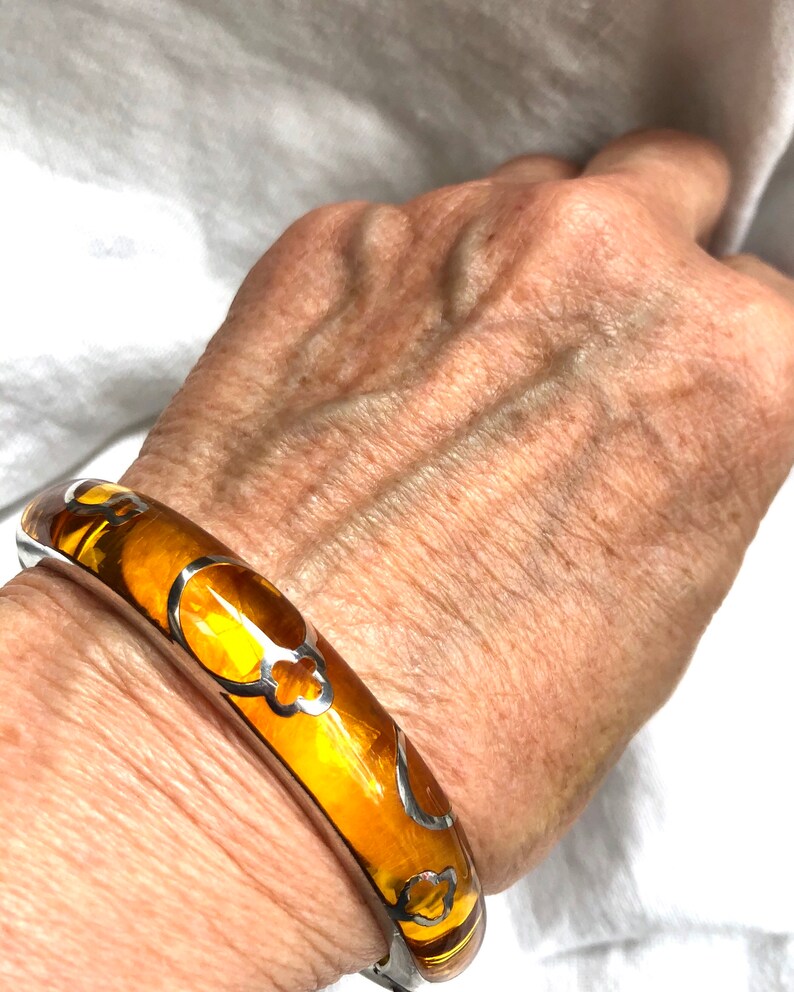 Alan K Sterling Silver Lucite Bangle Hinged Bracelet Golden Yellow