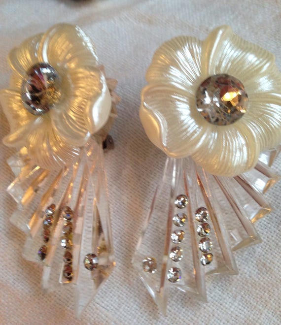Lucite Rhinestone Studded Earrings White Plastic … - image 2