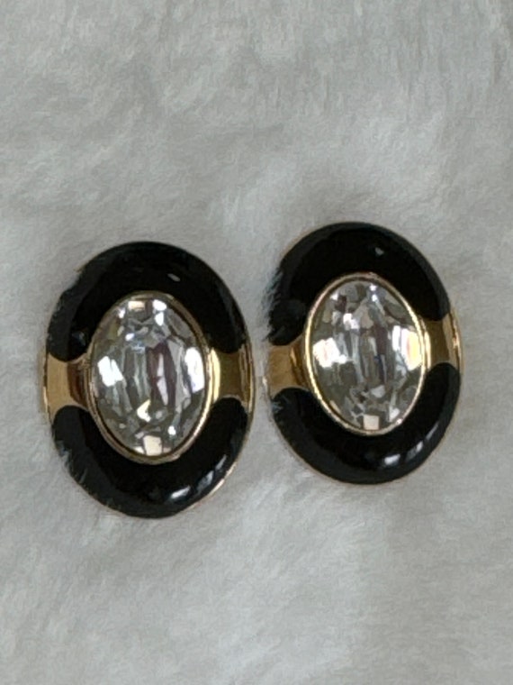 Trifari Black Enamel Clip on Earrings with Large C
