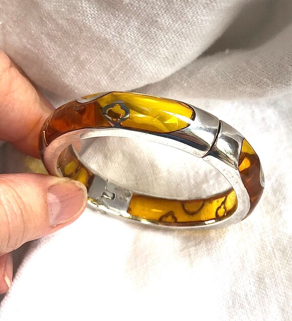 Alan K Sterling Silver Lucite Bangle Hinged Bracelet Golden Yellow
