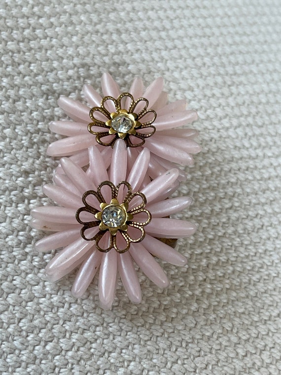 Oversized Clip on Earrings Pink Plastic Flowers R… - image 2