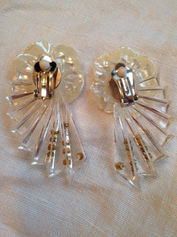 Lucite Rhinestone Studded Earrings White Plastic … - image 6