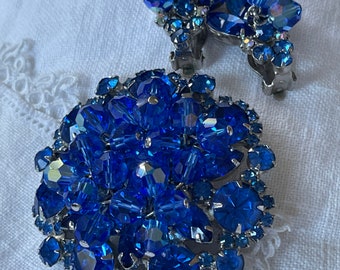 Juliana Blue Rhinestone Brooch Earrings Set Dangling Beads