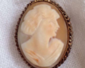 Vintage Shell Cameo Brooch Pendant Signed UV Unusual Border