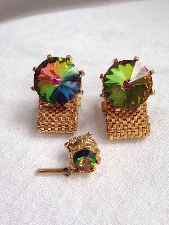 Men's Watermelon Rivoli Rhinestone Cufflinks and … - image 1