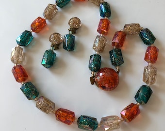 Made Austria Gold Glitter Bead Lucite Necklace Earring Set Orange, Teal, Clear