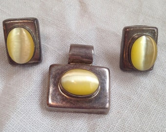 Sterling Silver Chunky Pendant Earrings Yellow Stone Glass Mexico