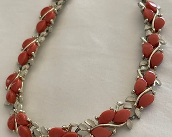 Charel Thermoset Peach Petals Necklace Enamel Leaves