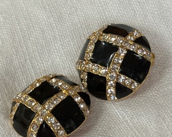 Joan Rivers Clear Rhinestone on Black Enamel Domed Earrings Clip Ons