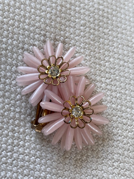 Oversized Clip on Earrings Pink Plastic Flowers R… - image 3