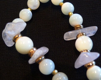 Miriam Haskell Bead Necklace Mother of Pearl Rose quartz