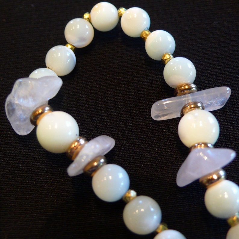 Miriam Haskell Bead Necklace Mother of Pearl Rose quartz image 1