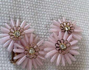 Oversized Clip on Earrings Pink Plastic Flowers Rhinestones