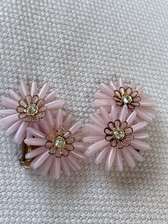 Oversized Clip on Earrings Pink Plastic Flowers R… - image 1