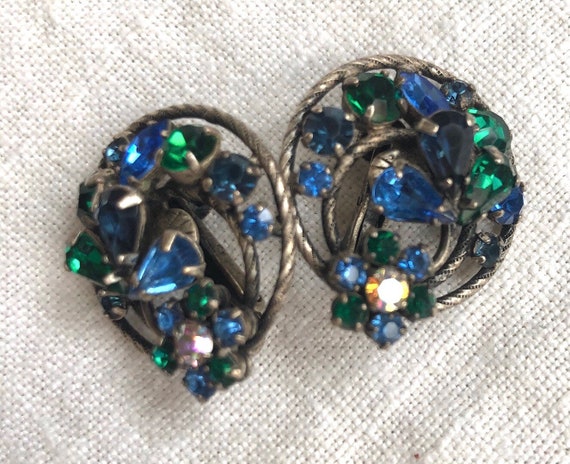 Vendome Dark Blue Flower Rhinestone Earrings Circ… - image 2