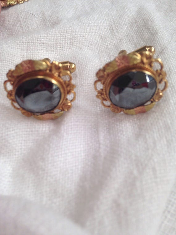 Gold Filled Hematite Cufflinks and Tie Bar Clasp - image 3