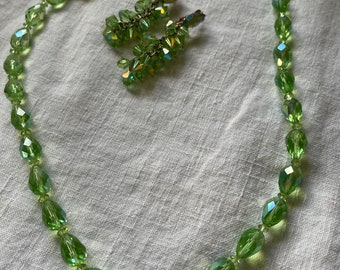 Pale Green Crystal Bead Necklace Earrings Pear Beads Aurora Borealis Cha Cha Earrings