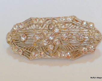 Vintage Art Deco Rhodium Plated Filigree Brooch Rhinestones