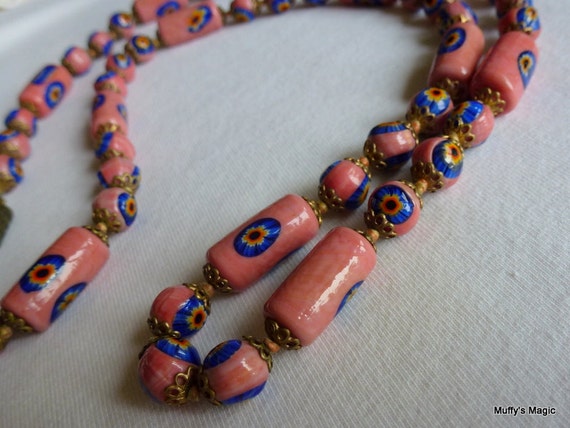 Italian Pink & Royal Blue Millefiore Bead Necklace