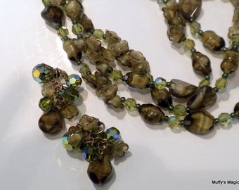 Necklace Earrings of Olive Green Brown Givre Glass Bead Flower Beads