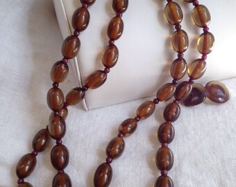 Vintage Bakelite Prystal Brown Bead Necklace Double Strand Purple Accents Clip Earrings