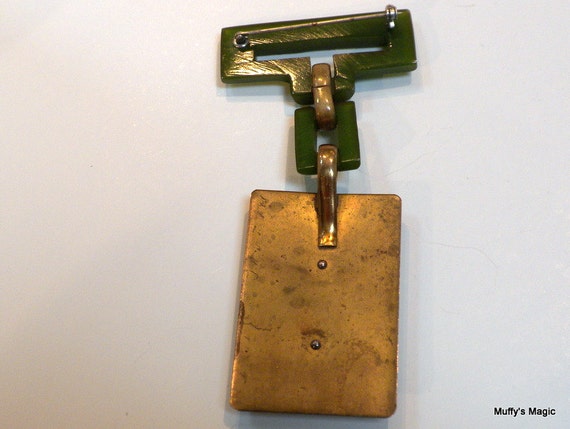 Bakelite Rose Brooch on Brass Green Bakelite - image 4