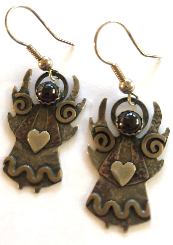 Sterling Angel Pierced Earrings Mixed Metal Garnet