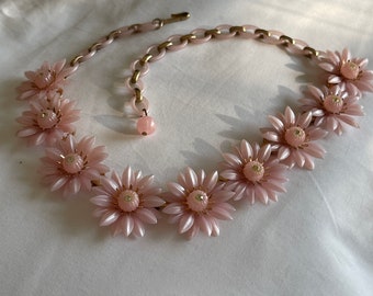 Coro Pink Plastic Flower Necklace Clear Rhinestone