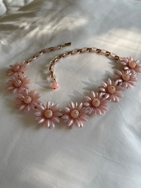 Coro Pink Plastic Flower Necklace Clear Rhinestone