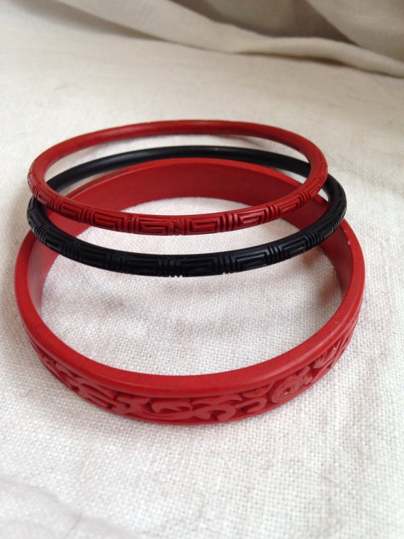 Trio of Cinnabar Bangles Red and Black - image 1