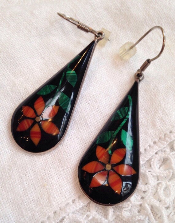 Sterling Silver Earrings Inlaid Flower Onxy Malachite Red Jasper