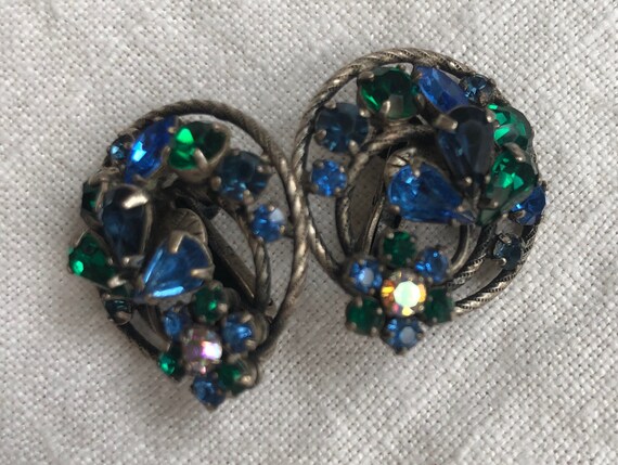 Vendome Dark Blue Flower Rhinestone Earrings Circ… - image 4
