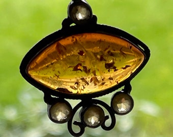 Amber Sterling Silver Pendant Three Cabochon Accent