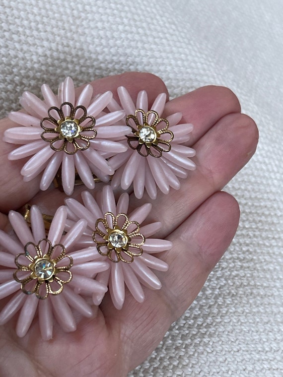 Oversized Clip on Earrings Pink Plastic Flowers R… - image 4