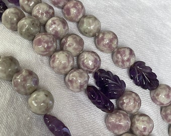 Rutilated Rose Quartz Bead Necklace with Amethyst Leaves