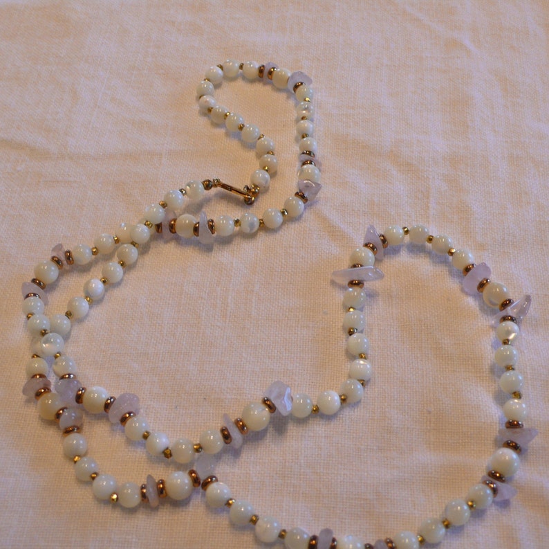 Miriam Haskell Bead Necklace Mother of Pearl Rose quartz image 2