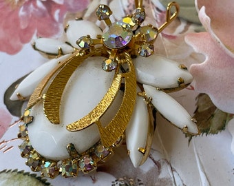 Juliana Milk Glass Bug Brooch Aurora Borealis Rhinestones