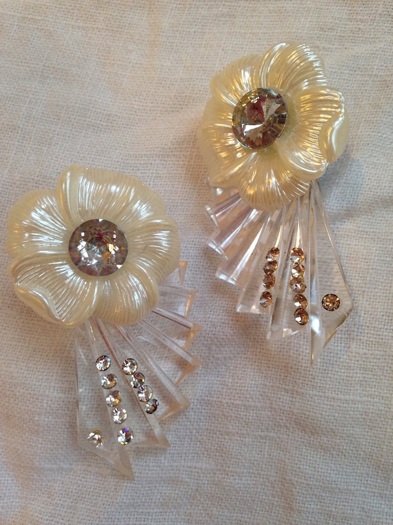 Lucite Rhinestone Studded Earrings White Plastic … - image 1