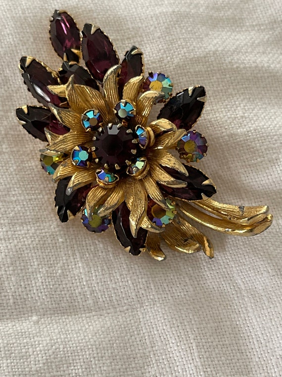 Vintage Selini Selro Purple Rhinestone Flower Bro… - image 1