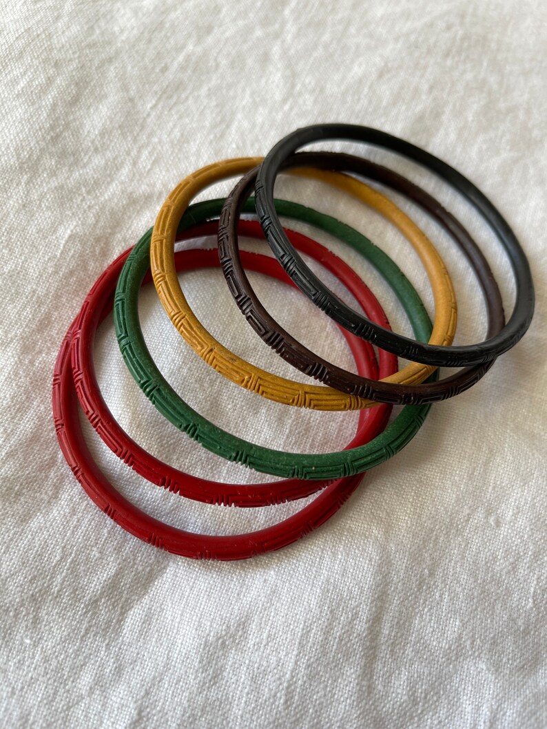 Stack of 6 Cinnabar Bangles Green Yellow Brown Red and Black