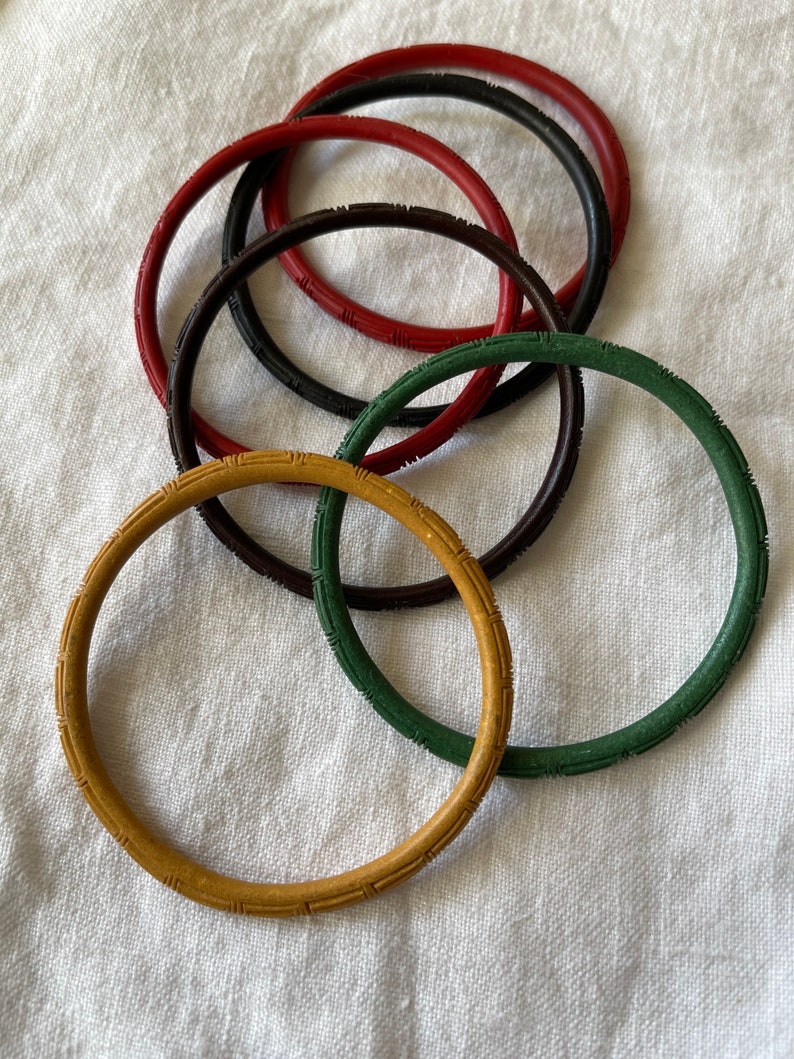 Stack of 6 Cinnabar Bangles Green Yellow Brown Red and Black