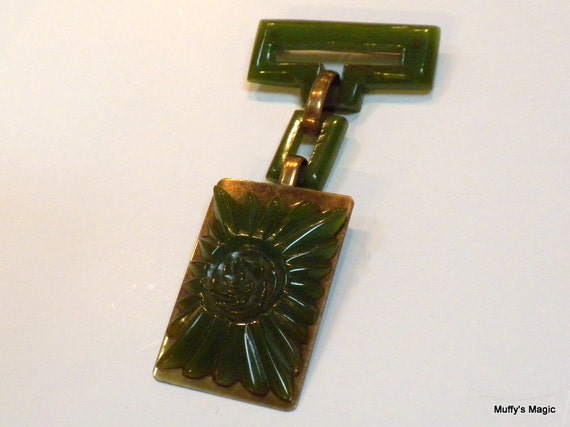 Bakelite Rose Brooch on Brass Green Bakelite - image 1