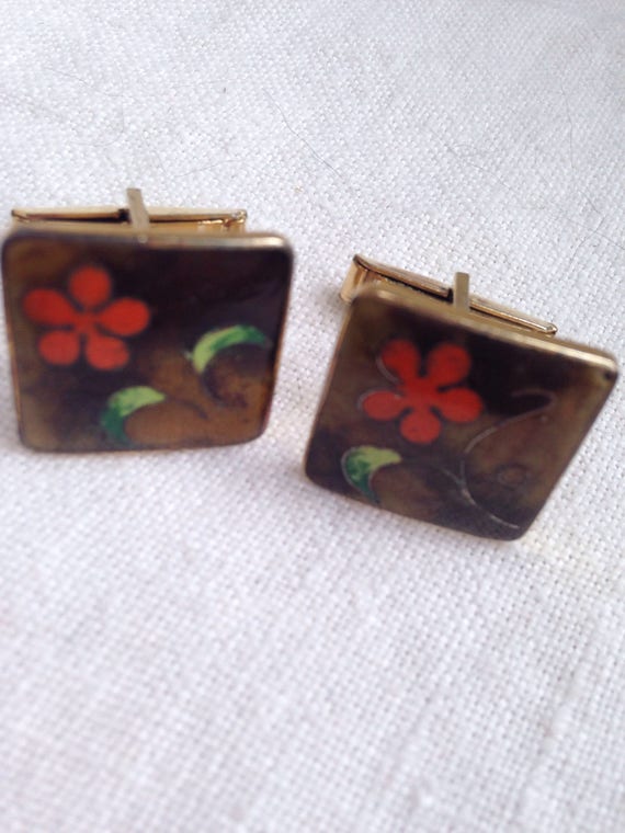 Vintage Enamel Cuff Links and Tie Tack Brown with… - image 3