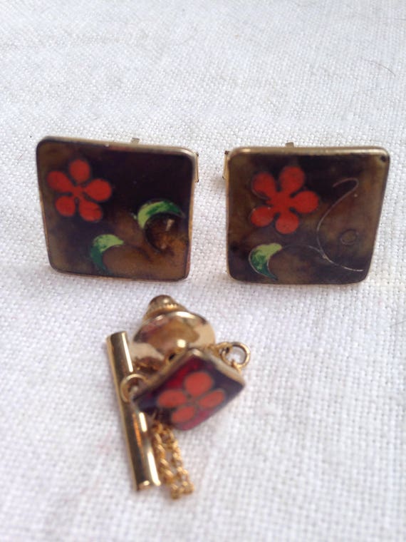 Vintage Enamel Cuff Links and Tie Tack Brown with… - image 1