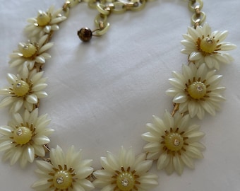 Coro Yellow Plastic Flower Necklace Clear Rhinestones